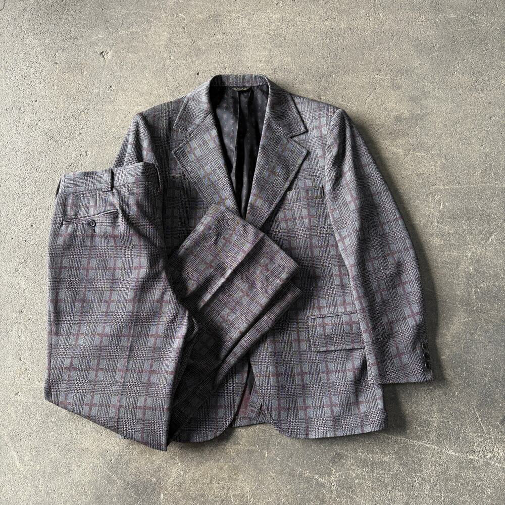 Vintage 70s Clipper Craft Plaid Suit Size 42 Gray Red Blazer Jacket Pants 36x30